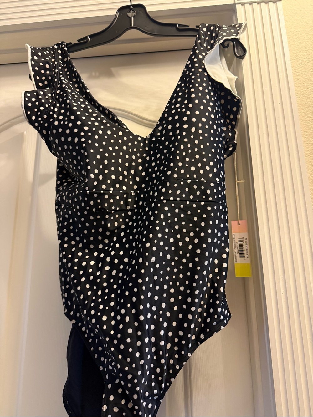 Summersalt Black and White Polka Dot Swimsuit with Ruffle Shoulders